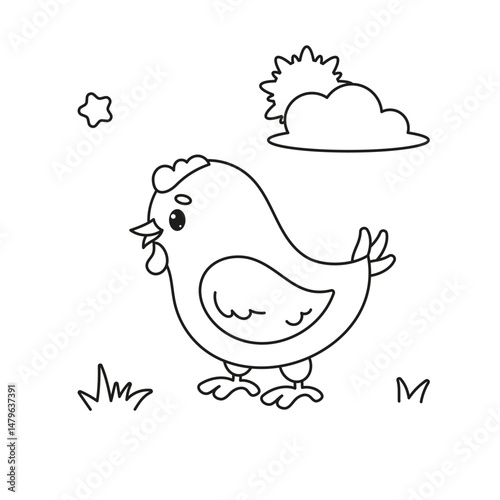 Cute Chick in Nature Coloring Page. Vector Illusration