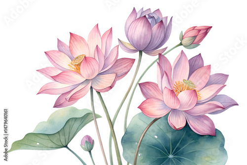 Watercolor Lotus Bouquet Isolated on Transparent Background