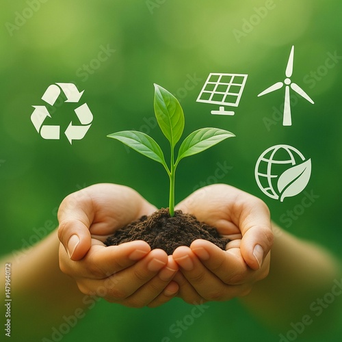 Hands holding a small plant with eco icons around it, symbolizing sustainability and green business.


