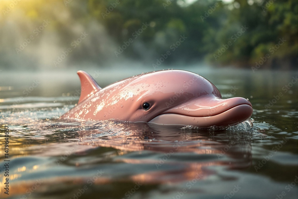 Fototapeta premium Golfinho rosa nadando em rio da floresta amazônica, Brasil. Imagem gerada por inteligência artificial