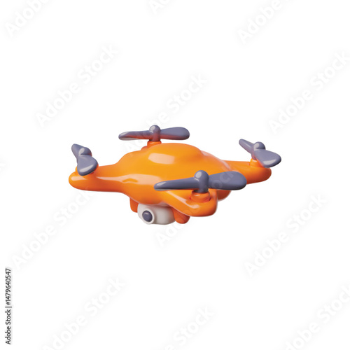 Drone 3D cartoon vector icon, realistic flying wireless orange quadcopter with remote controllers, unmanned aerial drone