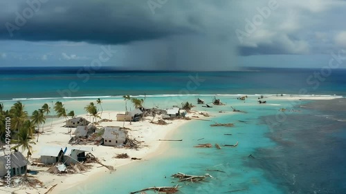 Tropical Island Devastated by Storm: Aerial View of Damaged Structures and Turquoise Waters