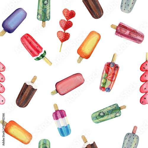 Ice cream, popsicle, strawberry, watermelon, kiwi, berries. Watercolor summer fruity seamless pattern, digital paper. Stock illustration
