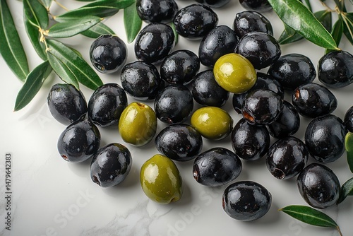Black and green olives with leaves on white marble table, closeup photo