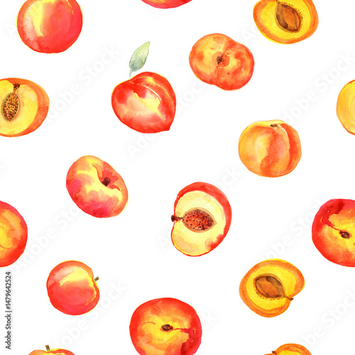 Sweet ripe California peaches. Watercolor summer fruity seamless pattern, digital paper. Stock illustration