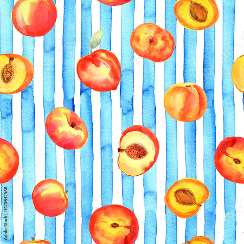 Sweet ripe California peaches. Watercolor summer fruity seamless pattern, digital paper. Stock illustration