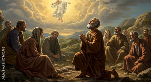 Depiction of the Ascension of Jesus Christ with his followers in a dramatic scene