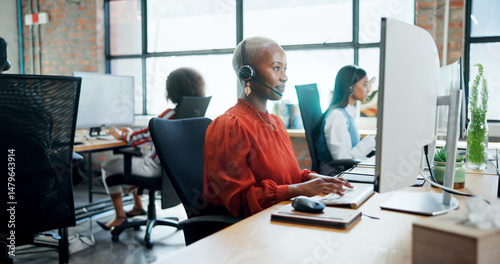 Call center, agent and woman with computer, lead generation and communication with contact for sales. Business, consultant and people with tech for telemarketing, talking and research for services