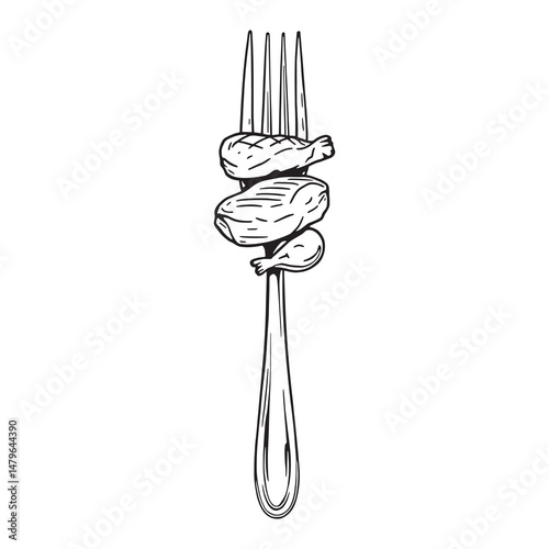 line art style grilled meat on fork design