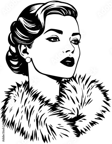 Vintage Woman with Fur Collar Portrait in Black and White