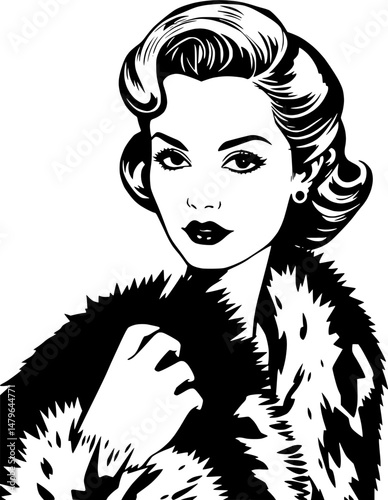 Vintage Glamour: Elegant Woman in Fur Stole, Black and White
