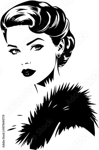 Elegant Woman with Fur Collar Portrait Black and White Art