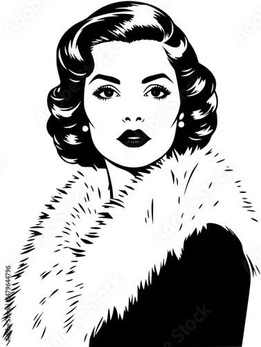 Elegant Woman with Fur Stole in Black and White