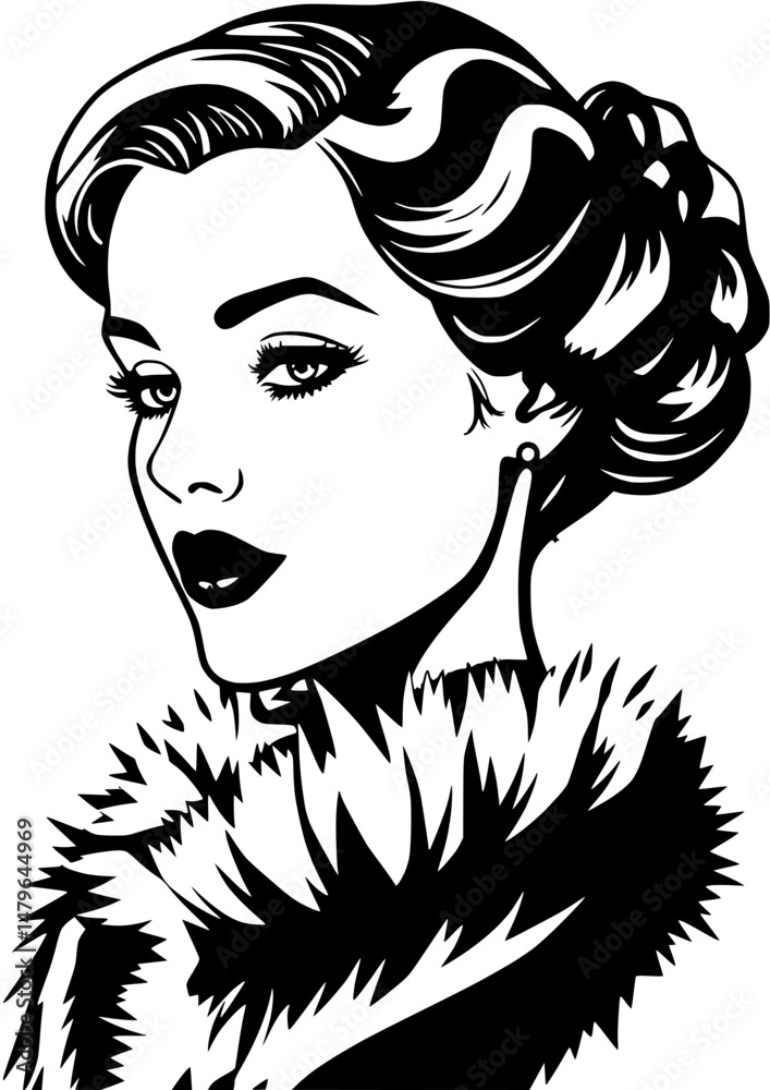 Fototapeta premium Elegant Lady with Vintage Hair and Fur Collar