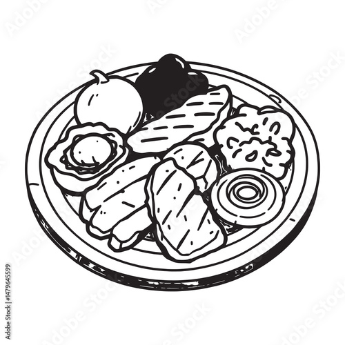 Line art vector of chicken fajita dish served on wooden plate