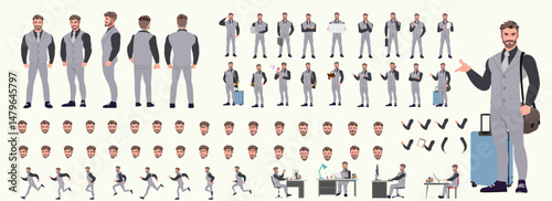 Man Character design. Front, side, back view and explainer animation poses. Character set with lip sync and facial expressions of Happy, angry, sad, Joy with Side walk cycle animation sequence sprite 