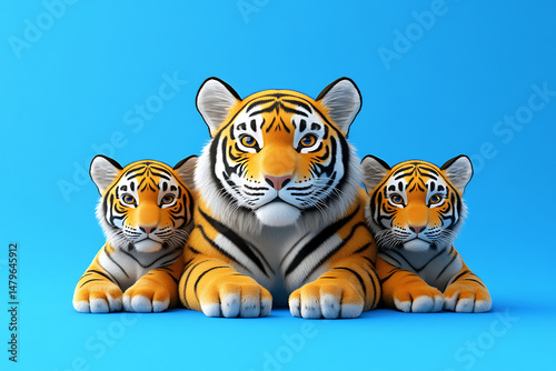 Three realistic tigers lounging together on a vibrant blue background, showcasing their striking features