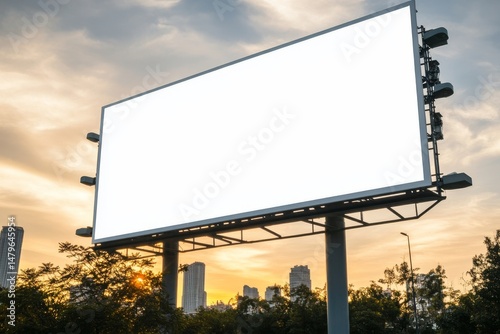 A blank white road billboard set against the backdrop of Bangkok's cityscape at sunset, serving as a street advertising poster in a 3D rendered mock up, with the side view showcasing the concept of