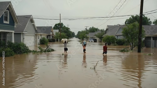 Flood Victims Wading Through Submerged Street