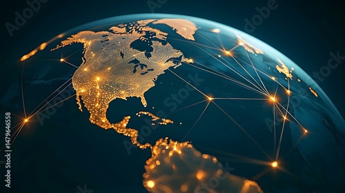 Fototapeta Naklejka Na Ścianę i Meble -  The image shows a stylized depiction of the Earth, focusing on North and Central America.  The continents are outlined in glowing golden lights, interconnected by a network of luminous lines, symboli