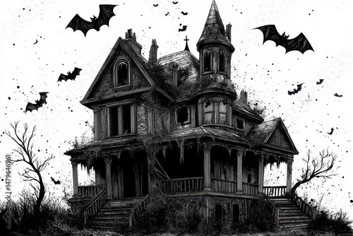 Haunted House Drawing. Realistic Halloween Illustration with Ghosts and Bats
