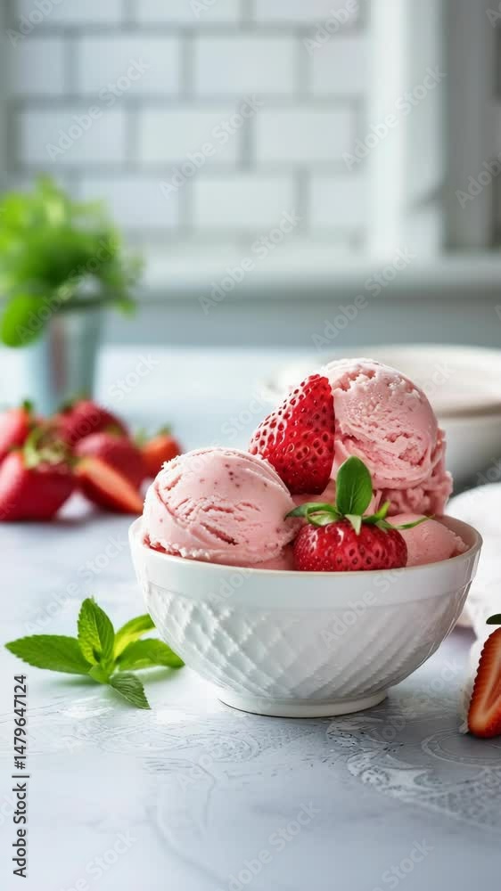 delicious strawberry ice cream in a white plate with a berry