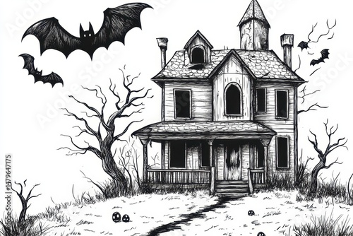 Haunted House Drawing. Realistic Illustration of a Scary Halloween Event with Bats and Ghosts
