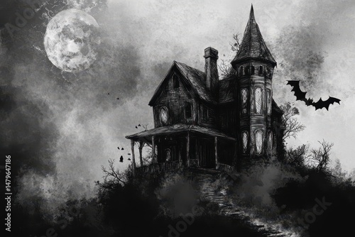 Haunted House Drawing. Real-life Halloween Event with Ghosts, Bats, and Horror Vibe