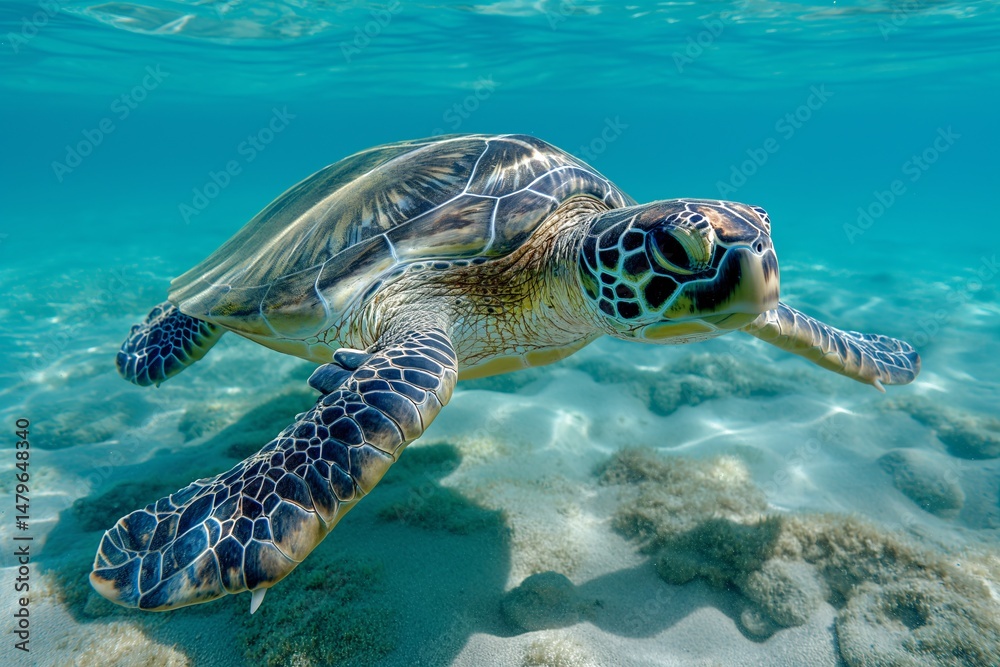 Obraz premium Mydas green sea turtle swimming gracefully in clear turquoise waters of coral reef island during a sunny day