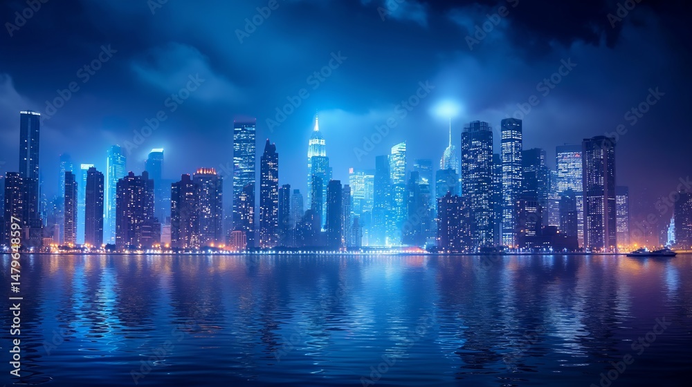 Fototapeta premium City skyline illuminated under shimmering clouds in vibrant nighttime colors
