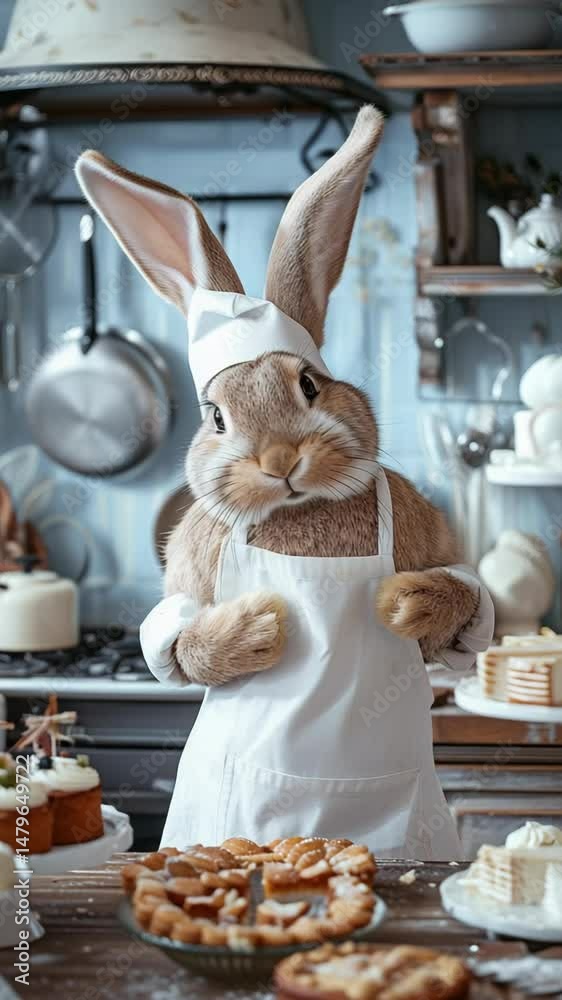a hare, a rabbit is baking cupcakes in the kitchen
