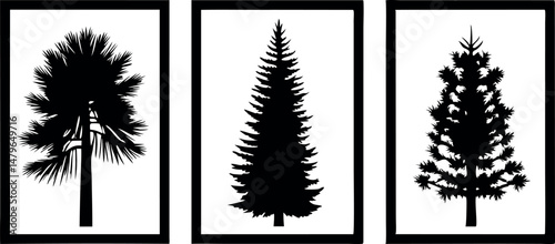 Vector collection of black pine and fir tree silhouettes in a wild woodland style.