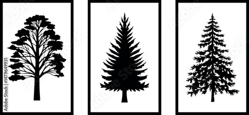 Black silhouettes of wild pine and fir trees – a vector woodland collection.