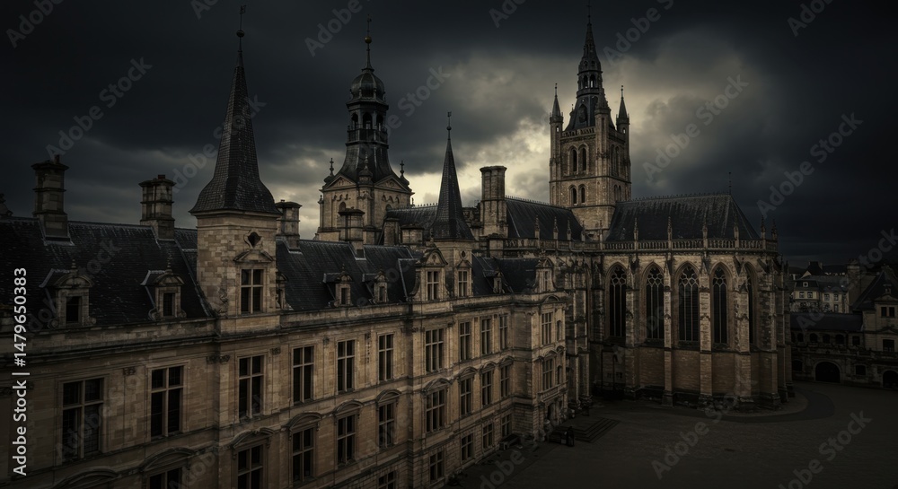 Naklejka premium Gothic cathedral and medieval palace under stormy sky. Dark atmospheric cityscape with historic architecture. Moody urban scene for book cover or travel inspiration.