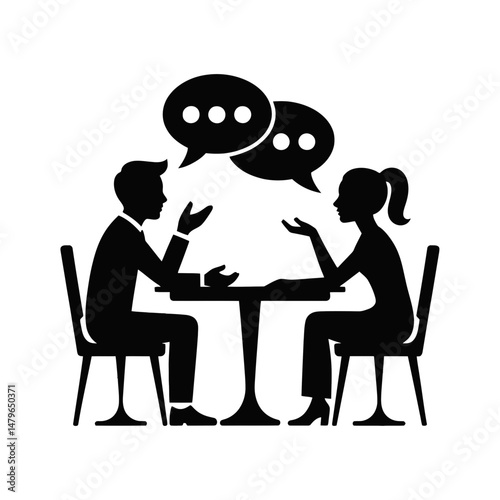 A silhouette of two people is shown sitting at a table, engaged in a conversation with speech bubbles overhead.