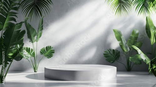 3D Gray Stage Background with Podium and Leaf Platform . Minimal desing Render for Cosmetic Product Display, Elegant Showcase Stand for Skincare, Beauty or Organic Brand on Soft White and Grey Scene