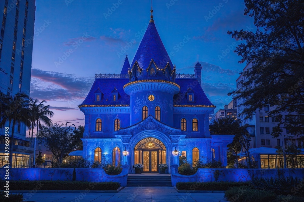 Fototapeta premium Mesmerizing Blue Urban Landscape of a Magical Building at Twilight