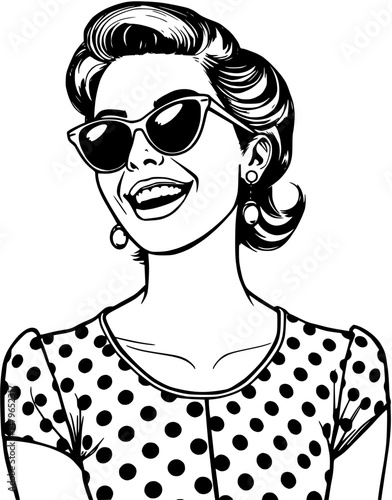 Smiling woman with sunglasses and polka dot dress illustration