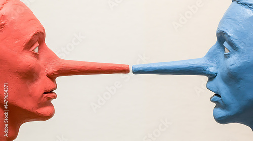 Two statues with long noses face each other. One is red and the other is blue, against a light background. Concept of lying, deception, or opposing viewpoints.