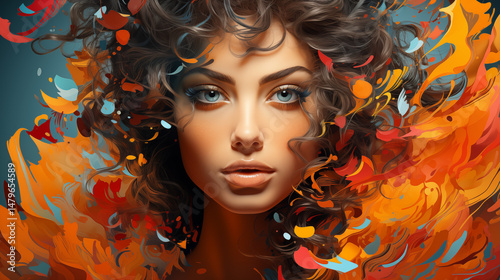 young woman portrait with colorful splashes abstract wave background art design