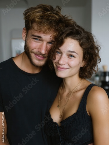 Happy Young Couple Smiling Close-Up in Cozy Home, Lifestyle Portrait photo