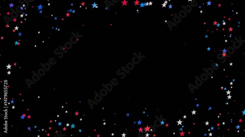 Animated stars in american flag colors on transparent background. Blue red white stars frame. Cartoon night starry sky. American national holiday. Funny cartoon. Seamless loop animation, 4k