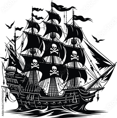 Pirate Dragon Ship Silhouette – Vector Illustration on White Background