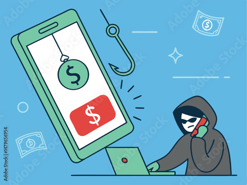 Phone Scam and Phishing Alert Vector – Cybercrime Warning with Hacker, Hook, and Binary Code
