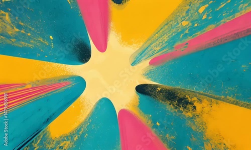 Colorful abstract design with radial lines and splatters.