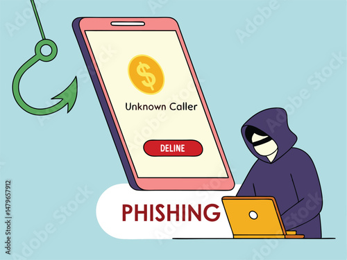 Phone Scam and Phishing Alert Vector – Cybercrime Warning with Hacker, Hook, and Binary Code