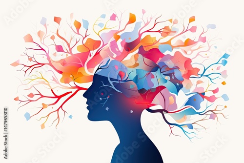 Colorful Silhouette Illustration: Nature-Inspired Mindful Art of Whimsical Tree of Life with Floral Imagination and Creative Serenity for Mental Health and Wellbeing photo