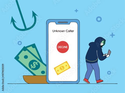 Phone Scam and Phishing Alert Vector – Cybercrime Warning with Hacker, Hook, and Binary Code