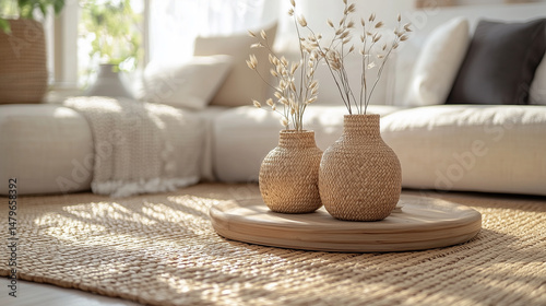 Cozy Living Room Interior with Neutral Tones and Natural Elements