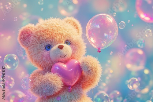 Holding Balloon Illustration. Cute Teddy Bear with Pastel Colours Holding a Bright Heart Bubble